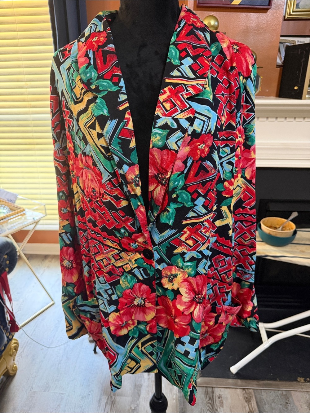 Vintage Sag Harbor Bold Floral Geometric Blazer in Red, Black & Teal